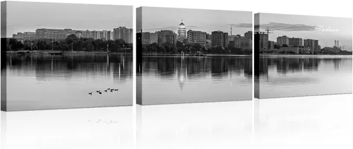 Vista 18 de TUMOVO 3 piezas de arte de pared en lienzo con diseño de horizonte de Atlanta, arte de pared panorámico de paisaje urbano en blanco y negro