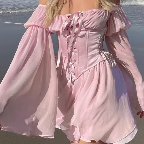 Vista 4 de Vestido de hada renacentista para mujer, vestido de verano con manga acampanada, vestido corto de gasa con hombros descubiertos, vestido de corsé
