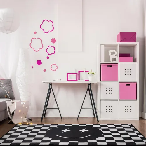 Vista 3 de Demissle Alfombra negra con diseño de sonrisa, diseño a cuadros, divertida, para dormitorio, contemporánea, a cuadros, decoración de habitación