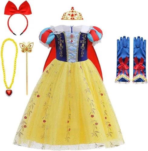 Vista 28 de MYRISAM Disfraz de princesa blanca como la nieve para niñas, Halloween, carnaval, cosplay, Navidad, cumpleaños (con accesorios para capa)