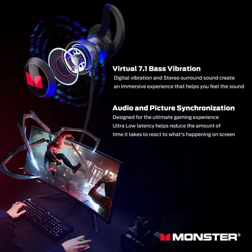 Vista 2 de Monster SG11 - Auriculares para juegos con cable USB-C con micrófono integrado y control de volumen, auriculares virtuales 7.1, cancelación