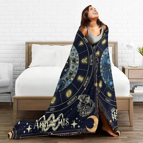Vista 5 de Manta del Zodiaco Acuario para Niños y Niñas, Diseño Temático de Astrología Secreta Impreso, Mantas de Tiro para Niños, Regazo, Silla, Manta Suave