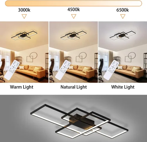 Vista 7 de Jaycomey - Lámpara de techo regulable, lámparas LED modernas en negro con control remoto, 50W, lámpara de techo de acrílico cuadrado de montaje