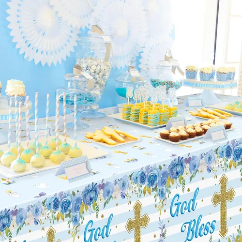 Vista 7 de Paquete de 3 manteles azules para fiesta de bautismo para bebé, decoración con temática de flores, desechables, de plástico, impermeables