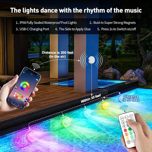 Vista 6 de Luz de piscina, 6 pulgadas, 25 LED RGB sumergible luz flotante Bluetooth APP Control, 4000mAh Rechargeable, IP68 Waterproof, Magnetic Mount, Above