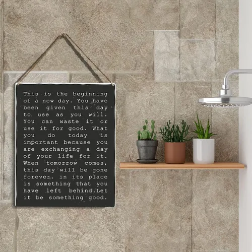 Vista 5 de Arte de pared inspirador motivacional con texto en inglés "This Is The Beginning Of A New Day" de madera, letrero colgante positivo, decoración