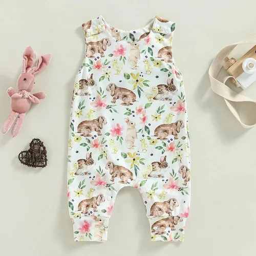 Vista 7 de Traje de Pascua para bebé, niña, niño, estampado de conejo, overol con tirantes a presión, ropa de verano