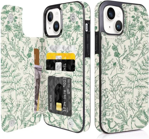 Vista 10 de Funda compatible con iPhone 14/15 con tarjetero y ranuras integradas de piel sintética con función atril y a prueba de golpes para iPhone 14/15
