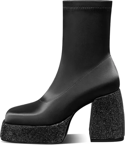 Vista 2 de USIMAD Platform Boots Chunky High Heels Boots for women Jeans Fold over Boots Round Toe Denim Boots with Side Zipper