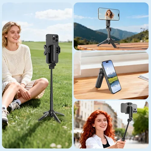 Vista 6 de Mini Palo Magnético para Selfie para iPhone, Trípode Portátil 4 en 1 de Tamaño de Bolsillo para iPhone MagSafe/Android con Control Remoto/Soportes