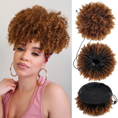 Vista 11 de Afro Puff Cola de caballo con cordón sintético corto rizado piña cola de caballo dona Chignon postizos peluca 4.06 oz Wrap Updo extensiones de 1b