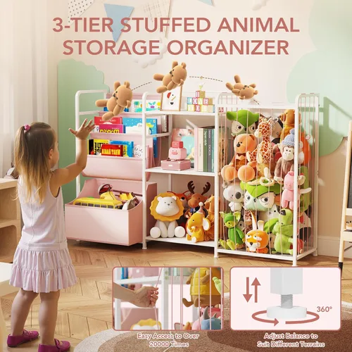 Vista 3 de BBLIKE Organizador de almacenamiento de animales de peluche 3 en 1, almacenamiento de juguetes con estantería para niños y soporte grande