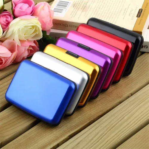 Vista 7 de Funda protectora de aluminio para tarjetas de crédito con bloqueo RFID para mujer, tarjetero, Azul
