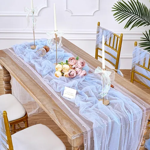 Vista 2 de LuoluoHouse Camino de Mesa de Perla para Centros de Mesa de Boda: Camino de Mesa de Perla de 10 pies, Decoración de Mesa de 29x120 Pulgadas de Tul