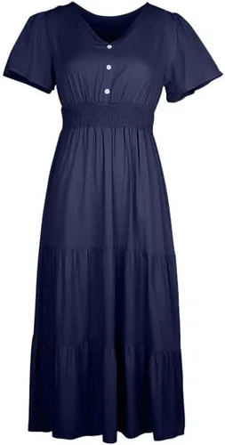 Vista 6 de Vestidos de regreso a casa para mujer, con botones sólidos, cuello en V, longitud de la cintura, vestido casual de verano, vestido grueso, S-XL