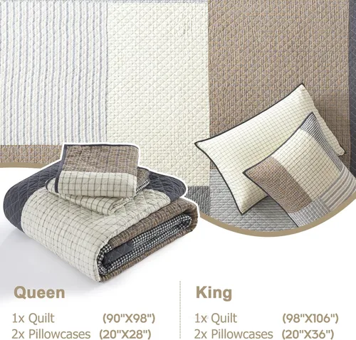Vista 5 de Finlonte Colchas tamaño Queen 100% algodón, ligero y suave, edredón de retazos reales a cuadros, colcha acolchada, marrón, beige, gris, reversible
