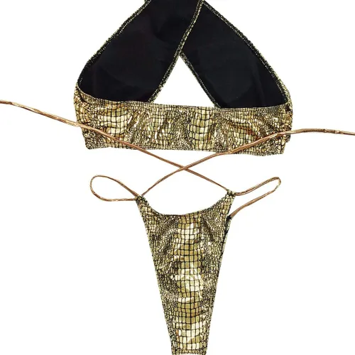 Vista 5 de JUMISEE Bikini con tiras de holograma brillante neón para mujer, sexy, halter envolvente, traje de baño con tanga para fiesta rave