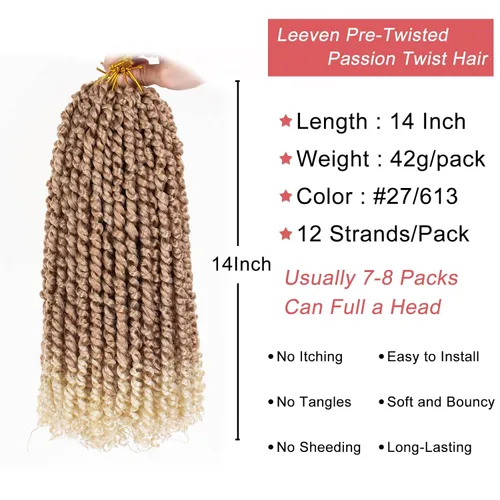 Vista 2 de Leeven Cabello rubio degradado de 14 pulgadas, pretrenzado y trenzado de pasión, 8 paquetes de extensiones de cabello sintético bohemio para mujeres