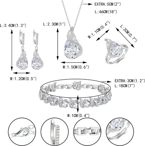 Vista 7 de EVER FAITH Juego de joyas de boda para novia, dama de honor, glamour, lágrima, circonita cúbica, collar, aretes, pulsera de tenis, juegos de anillos