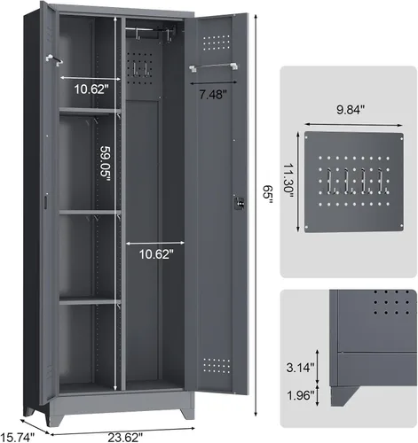 Vista 3 de Armario para escobas, armarios de almacenamiento para escobas con cerradura, gabinete de organización de garaje de metal de 65 pulgadas, gabinete