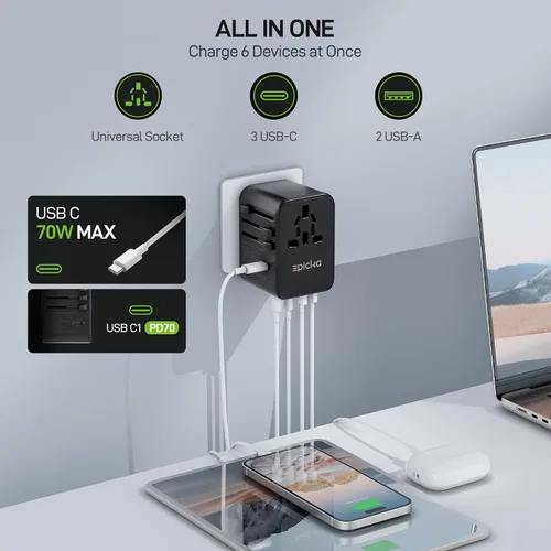Vista 3 de EPICKA Adaptador de viaje universal, adaptador de enchufe internacional GaN de 70 W con carga rápida PD y convertidor de voltaje de onda sinusoidal