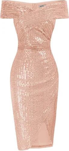 Vista 2 de JASAMBAC Vestido de lentejuelas con hombros descubiertos para mujer con dobladillo de tulipán abertura fruncida para boda noche fiesta cóctel