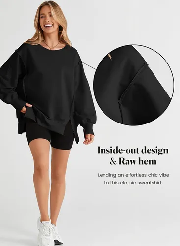 Vista 6 de SHEWIN Sudadera casual de gran tamaño de manga larga con costuras inversas y cuello redondo para mujer Un negro