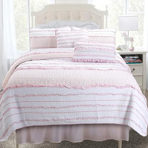 Vista 14 de [Usado] Juego de ropa de cama de algodón de 6 piezas con estampado de corazones, mariposas y lunares, a rayas, rosa, morado, blanco, de algodón