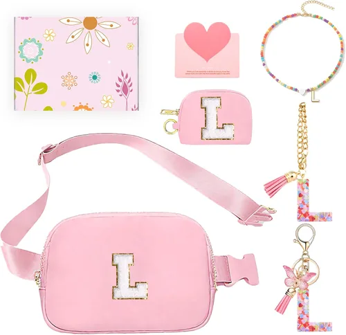 Vista 31 de Regalos de moda para niñas adolescentes, cangurera con monograma para niña con llavero, collar, dijes de taza, tarjeta de felicitación y caja