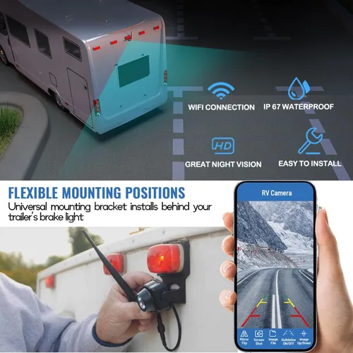 Vista 2 de EWAY Cámara inalámbrica de respaldo para remolque RV con marcador de camión RV con espacio de luz roja para iPhone, iPad, Android, iOS, teléfono
