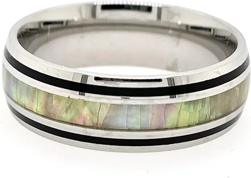 Vista 2 de Anillo de ópalo de fuego blanco y esmalte negro plata de acero inoxidable 0315in banda hombres y mujeres tamaño 5 - 14