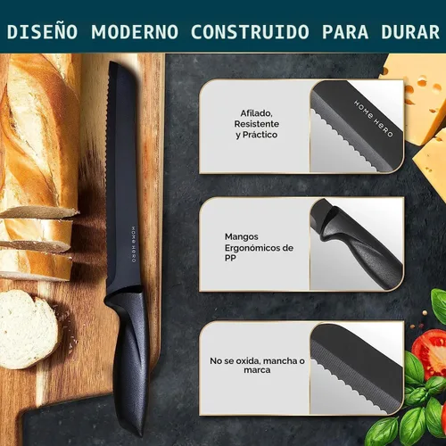 Vista 5 de Home Hero Juego de cuchillos de cocina, organizador de bloques de cuchillos de madera, cuchillas de acero inoxidable de alto carbono, asas