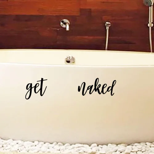 Vista 5 de Letrero de baño con texto en inglés «Get Naked», calcomanía de vinilo de 9 x 3