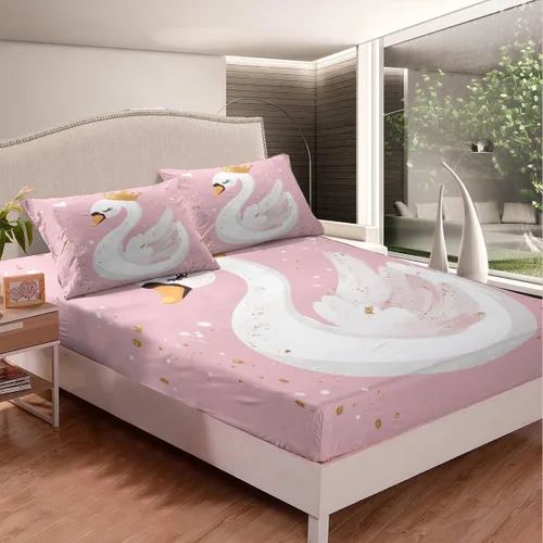 Vista 2 de Erosebridal Juego de sábanas de dibujos animados Sweet Princess Swan, sábana bajera ajustable tamaño individual para niños y adolescentes, sábana