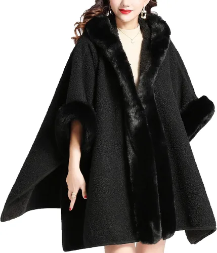 Vista 6 de Gragengs Capa con capucha de piel sintética de conejo, poncho para mujer, lana cálida