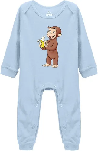 Vista 6 de Baby Cotton Rompers Curious Monkey Eat Banana Boy Girl Long Sleeve Jumpsuit Negro