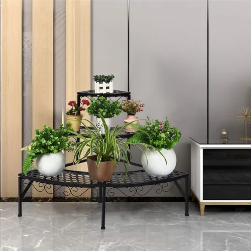 Vista 7 de Giantex Soporte esquinero de metal de 3 niveles, estante esquinero redondo para plantas con almohadillas antideslizantes, estante esquinero