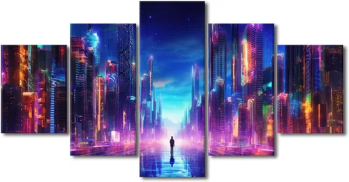 Vista 63 de Póster de 5 paneles en lienzo para decoración de pared, diseño de centro urbano Cyberpunk, impresión moderna, decoración de pared para el hogar