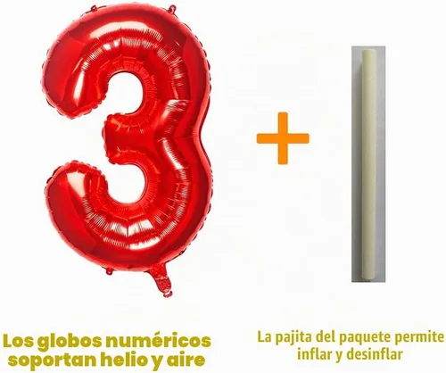 Vista 3 de Globos rojos de 32 pulgadas con el número 3 de aluminio, suministros de decoración de fiesta de cumpleaños (globo rojo del número 3)