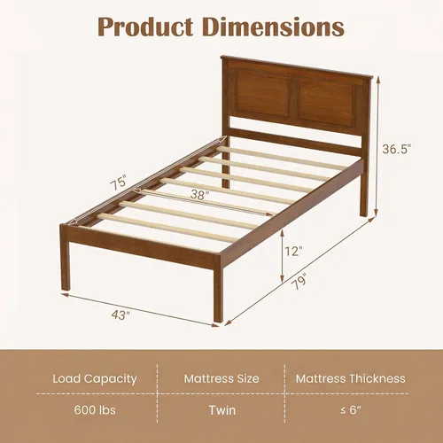 Vista 2 de KOMFOTT Twin Size Bed Frame, Farmhouse Wooden Platform Bed with Headboard Walnut