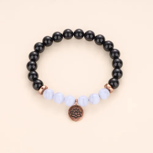 Vista 6 de COAI Pulsera de piedra turmalina negra con encanto de loto para mujer