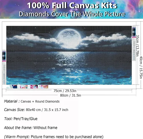 Vista 2 de JATOK - Kits de pintura de diamantes grandes para adultos (31.5 x 15.7 pulgadas) DIY 5D Sea Moon Full Round Drill Crystal Rhinestone Bordado Cuadros