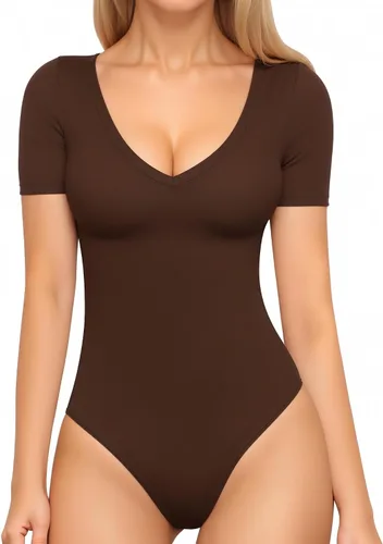 Vista 32 de MANGOPOP Body de manga larga y manga corta para mujer, cuello en V sexy, bodys ajustados para otoño, tops para salir 01-manga larga negro