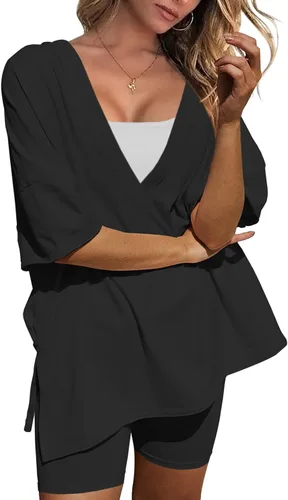 Vista 2 de Nirovien Women's 2 Piece Outfits Matching Workout Sets Oversized Reversible T Shirts and Biker Shorts Set