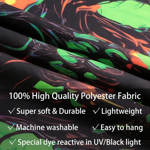 Vista 6 de SparkLia Tapiz de calavera de fuego con luz negra, esqueleto ardiente reactivo a los rayos UV, para colgar en la pared, brilla en la oscuridad