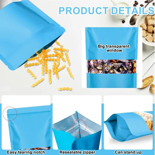 Vista 2 de 100 bolsas a prueba de olores, bolsas de embalaje resellables, bolsa de papel de aluminio mate con ventana transparente, bolsa sellable a prueba
