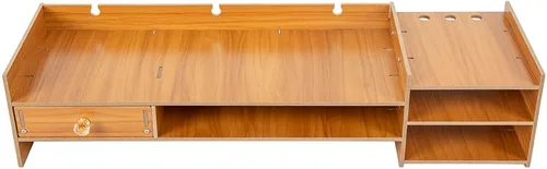 Vista 3 de Soporte ergonómico para monitor de madera,Estantes de monitor de escritorio pequeños con cajón,Organizador de escritorio de oficina en casa