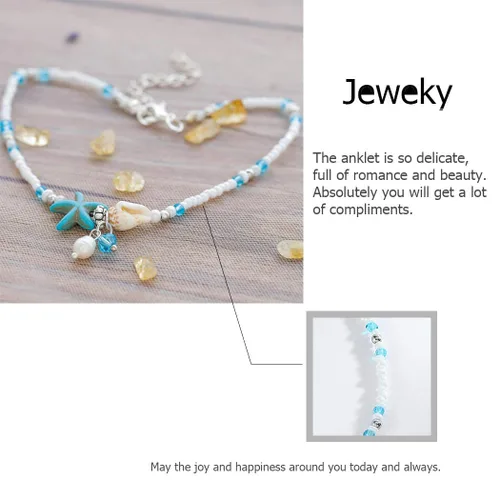 Vista 5 de Jeweky Tobilleras bohemias con estrellas de mar azules, tobilleras de perlas, joyería para pies de playa para mujeres y niñas