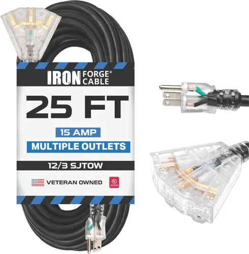 Vista 12 de Iron Forge Cable Cable de extensión de calibre 12 con múltiples tomas, cable de extensión negro resistente de 6 pies - SJTOW 12/3, cables de salida
