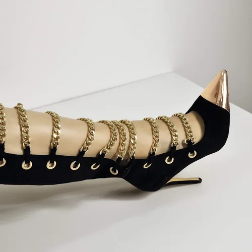 Vista 4 de onlymaker Botas de tacón alto con cremallera y cadenas de metal puntiagudas para mujer